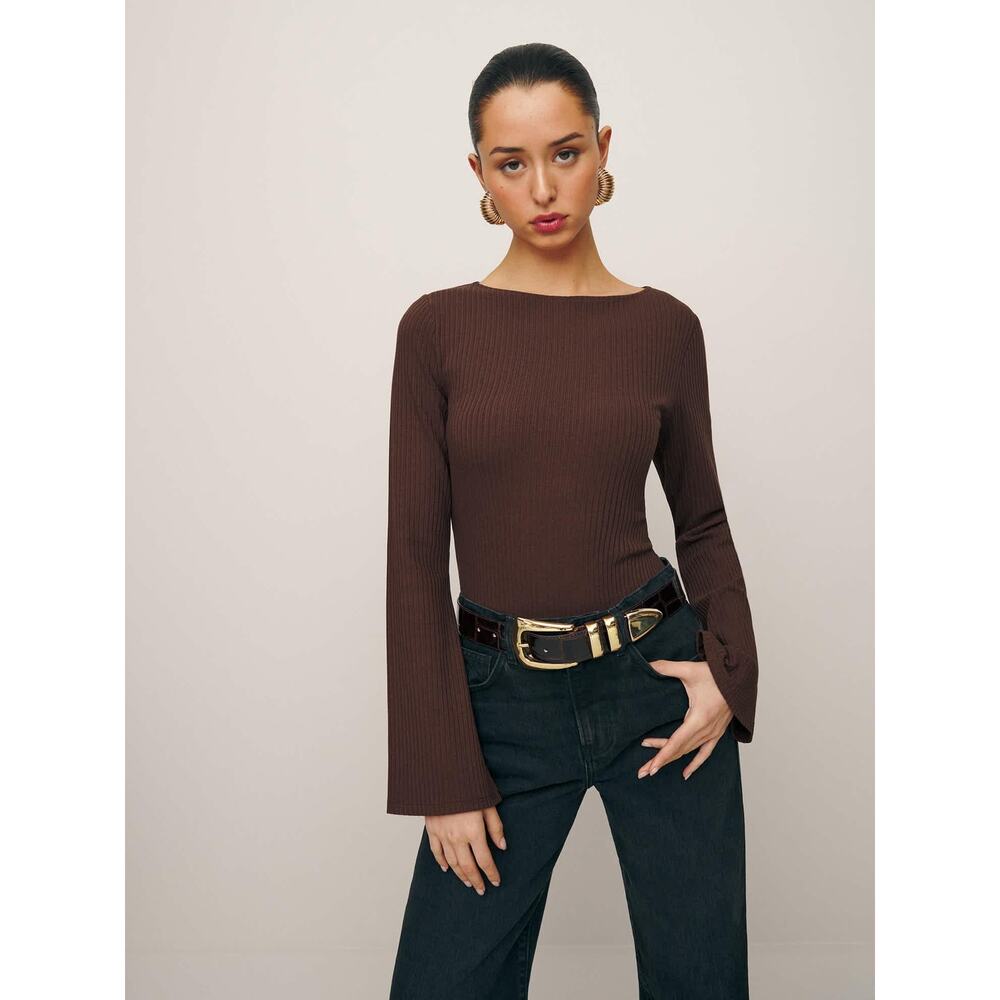 Reformation Miller Knit Top XS Brown Ribbed Bell Sleeve Fitted Stretch Tee